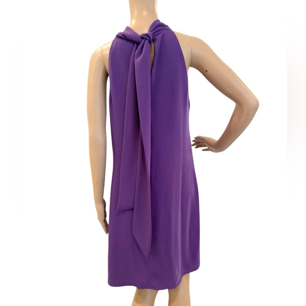 Mango halter-neck dress in purple flowy fabric.